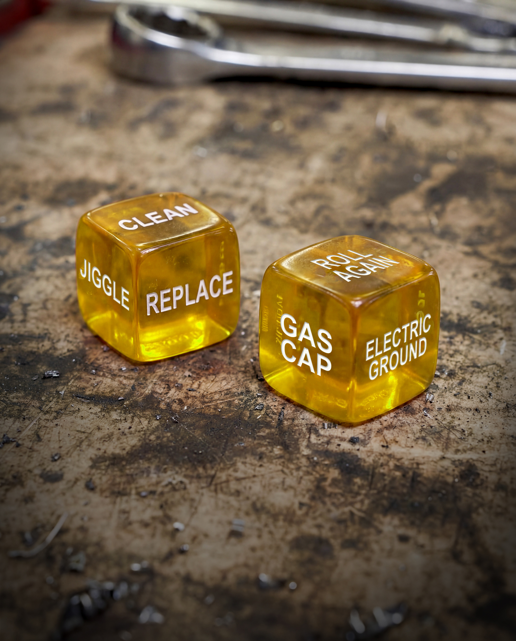 Diagnostic Dice close-up on workbench