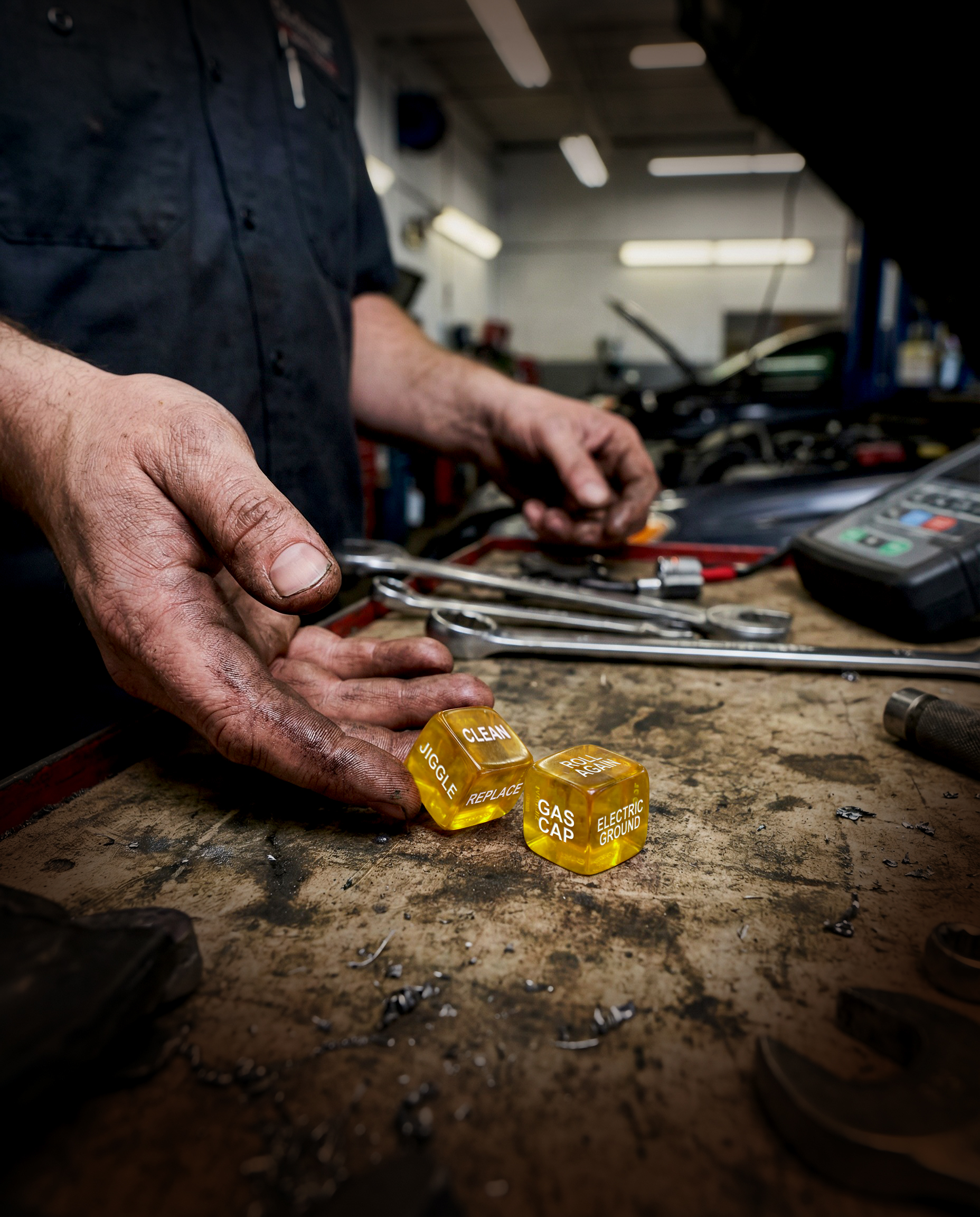 Diagnostic Dice being rolled by mechanic